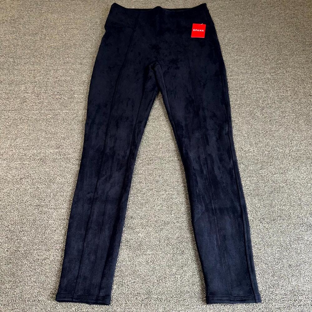 Spanx Ankle Leggings Women Medium Classic Navy Blue Faux Suede Stretch Pull On